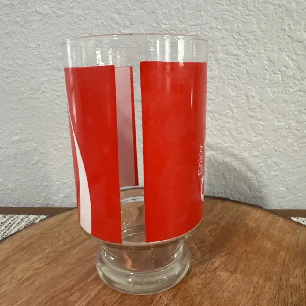 VTG COCA COLA ENJOY COKE Large Pedestal Glass Tumbler Red White Clear Drinking